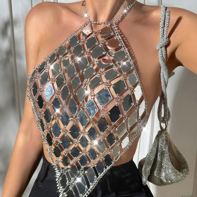 Vua Nữ Acrylic Kim Cương Kim Sa Lấp Lánh Dây Crop Backless Ngực Dây Xích Không Đều Camisole Cơ Thể Trang Sức Lễ Hội Trang Phục