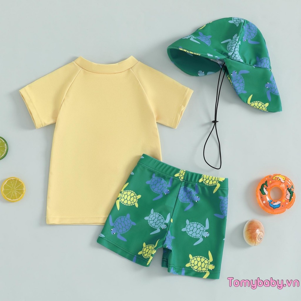 Bộ đồ bơi 3 mảnh cho bé trai mới biết đi Áo ngắn tay + Quần bơi in hình rùa + Bộ đồ tắm có mũ bơi