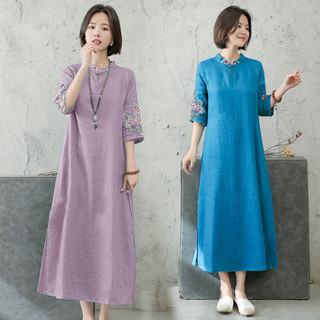 1401 Lần Mua Lại Văn Học Retro Phong Cách Dân Tộc Hàng Đầu Nữ Thêu Hoa Đầm Khóa Đứng Cổ Áo Năm Điểm Tay Áo Quần Áo Nữ 25.3.3