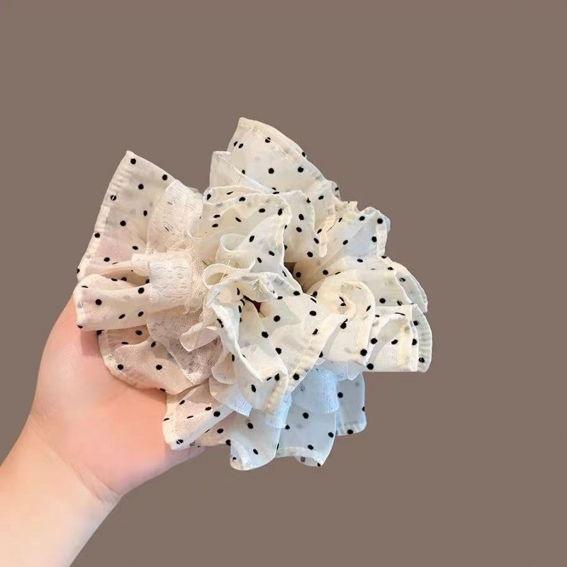 Mauropoli [Sẵn sàng] Dây buộc tóc xếp li chấm bi sang trọng Hàn Quốc Thời trang văn học Cảm giác ren Trim Đuôi ngựa Đầu bóng Phụ kiện tóc