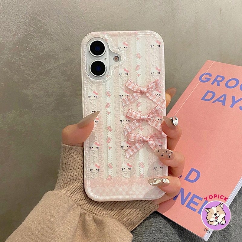 Ốp Điện Thoại Mèo Ren Dễ Thương Cho iPhone 16 16 16Pro 16Plus 16Pro Max 11 12 13 14Plus 15Pro XR XS Max 7 8Plus Hoạt Hình Vỏ Điện Thoại Giá Đỡ Dây Xích Cô Gái BB
