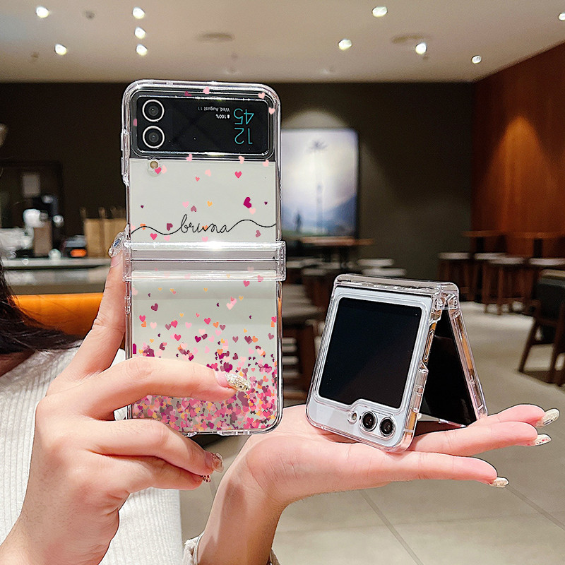 Ốp điện thoại trong suốt họa tiết tình yêu đầy màu sắc cho Samsung Galaxy Z Flip 6 Flip 5 Flip 4 5G Full Bản lề PC cứng gấp cho Samsung Z Flip 6 5 4 3