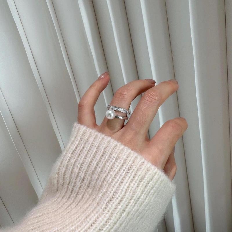 Nhẫn ngọc trai hai lớp bằng bạc Sterling Tính khí nữ Nhẫn mở ngón tay tinh tế