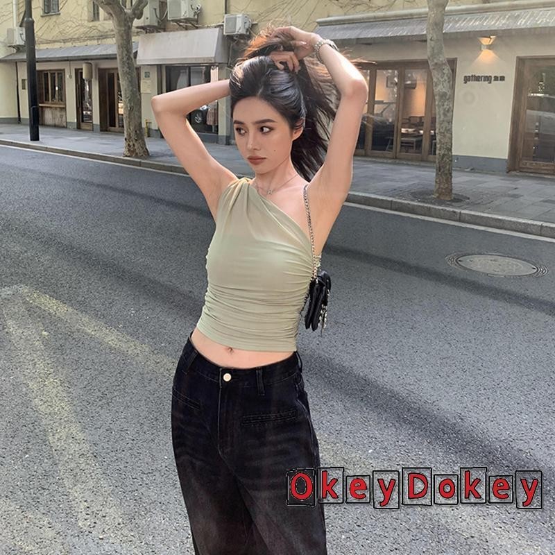 Okdk-womens Một Vai Lưới Ruched Dây Đeo Xoắn Backless Slim Fit Áo Phông Crop