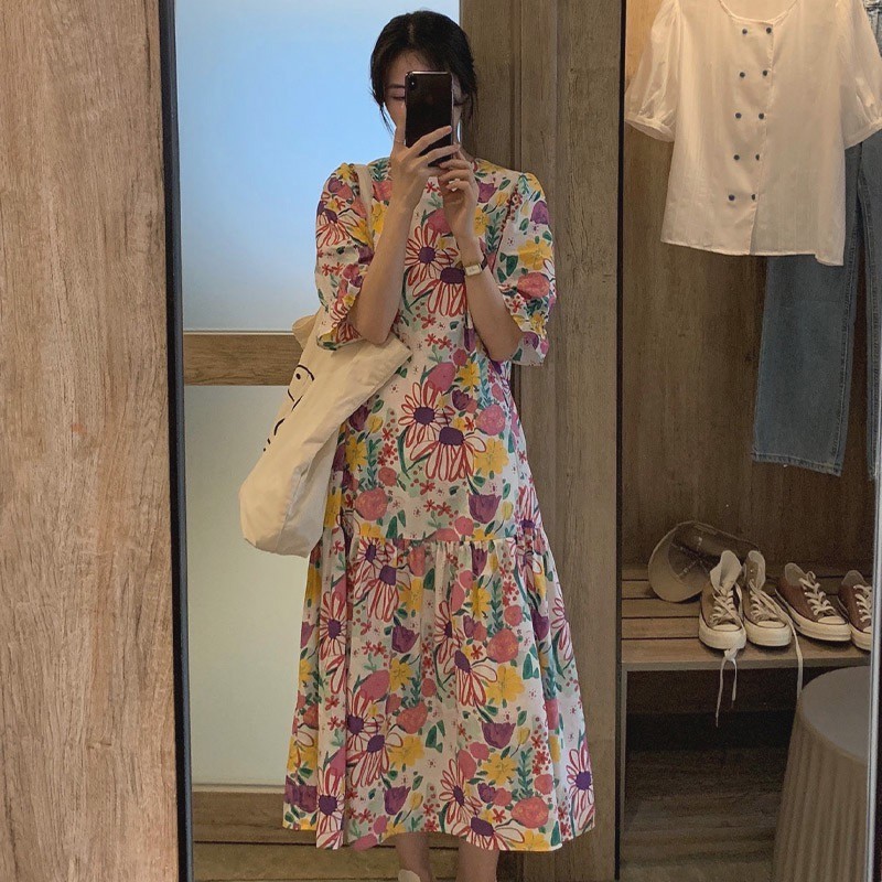 Đầm tay phồng mùa hè Phong cách mới Đầm khí chất hoa bên bờ biển Phong cách ngày lễ Kích thước lớn Đầm dài