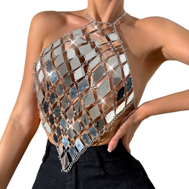 Vua Nữ Acrylic Kim Cương Kim Sa Lấp Lánh Dây Crop Backless Ngực Dây Xích Không Đều Camisole Cơ Thể Trang Sức Lễ Hội Trang Phục