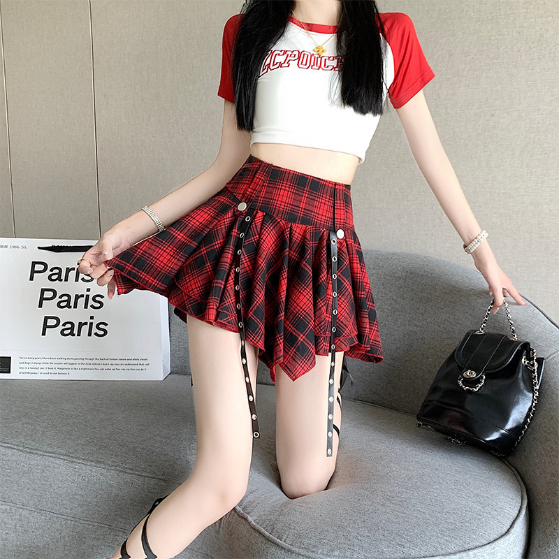 Suxi Retro Checkered Mùa Hè Mới Thường Ngày Ngọt Ngào Cao Cấp Nữ Váy Ngắn Chữ A Không Đều 240701
