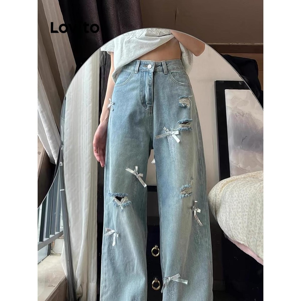 Ảnh Quần jean nữ Lovito nơ màu trơn phong cách thường ngày LNA73086 2