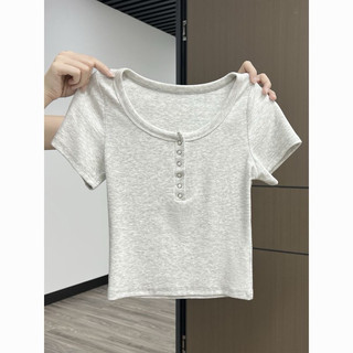 Áo Croptop Cổ Tròn Khuy Bấm Dáng Babytee Ôm Tay Ngắn
