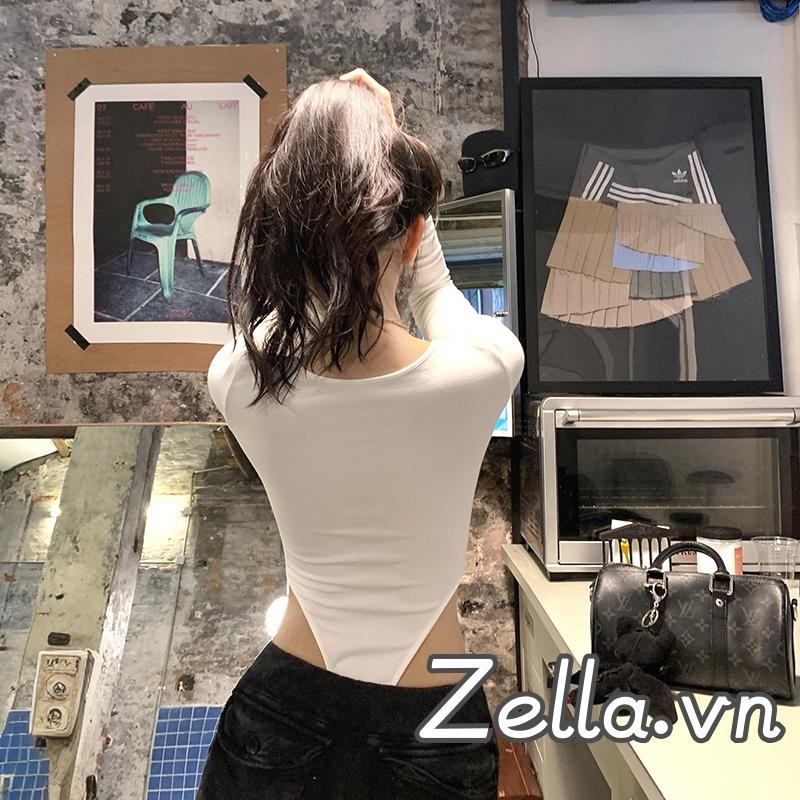 Áo liền thân nữ cổ chữ U dài tay in chữ trắng Slim Fit Áo