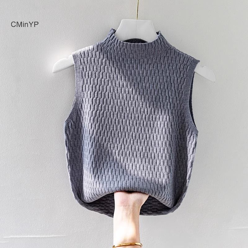 Cminyp Mùa Hè Hàn Quốc Nửa Cổ Cao Cổ Dệt Kim Áo Vest Nữ Màu Trơn Không Tay Slim Tank Top Glory