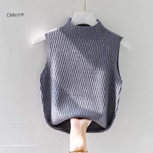 Cminyp Mùa Hè Hàn Quốc Nửa Cổ Cao Cổ Dệt Kim Áo Vest Nữ Màu Trơn Không Tay Slim Tank Top Glory