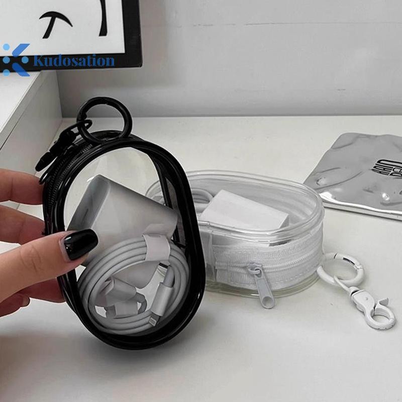 Kudosation Đen Trắng Hình Bầu Dục PVC Trong Suốt Túi Đựng Mỹ Phẩm Tổ Chức Búp Bê Hiển Thị Túi Di Động Tai Nghe Đồng Xu Cáp Dữ Liệu Sạc Túi Bảo Quản