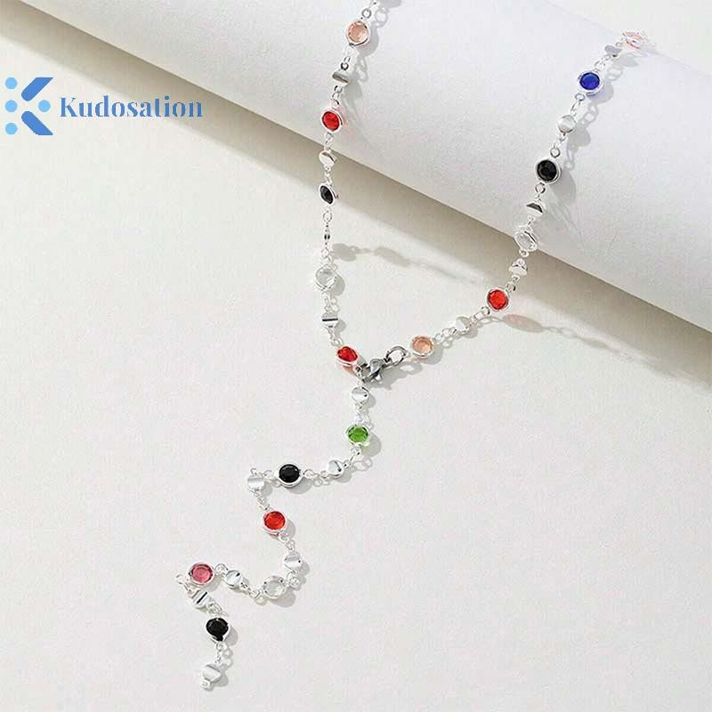 Kudosation Thời Trang Kính Nhiều Màu Sắc Dài Hình Chữ Y Vòng Cổ Kim Loại Xương Đòn Dây Xích Vàng Bạc Màu sel Vòng Cổ Đảng Cơ Thể Trang Sức