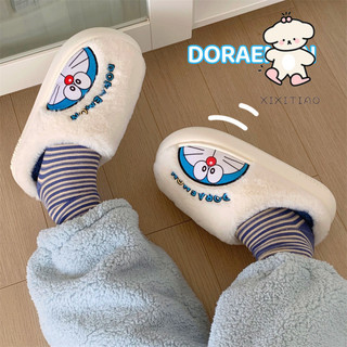 Xixitiao Thu Đông Doremon ip Đồng Thương Hiệu Ấm Baotou Dép Cotton Hoạt Hình Dễ Thương Tinkerbell Mèo Đế Mềm Confinement Giày Nữ
