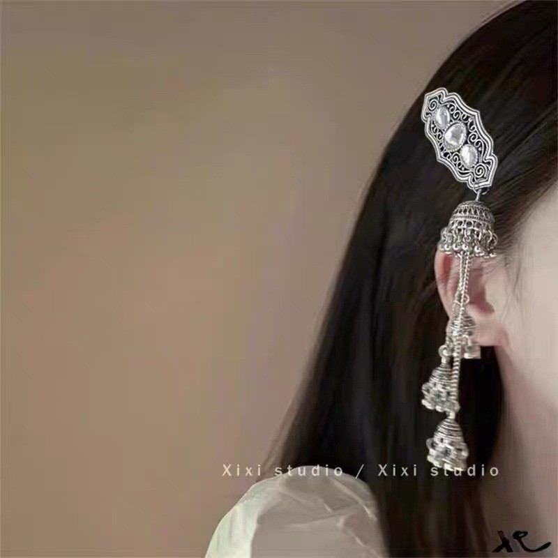 Mauropoli [Sẵn Sàng] Kẹp Tóc Tây Tạng Phong Cách Trung Hoa Mới Bạc Bên Tai Tua Rua Kẹp Tóc Chuông Nữ Niche Mông Cổ Kẹp Tóc Cô Dâu Trang Điểm Mũ Đội Đầu