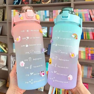 Bình nước 2 lít Tiroshi, bình đựng nước nhựa 2L có ống hút, vạch chia nhắc giờ.