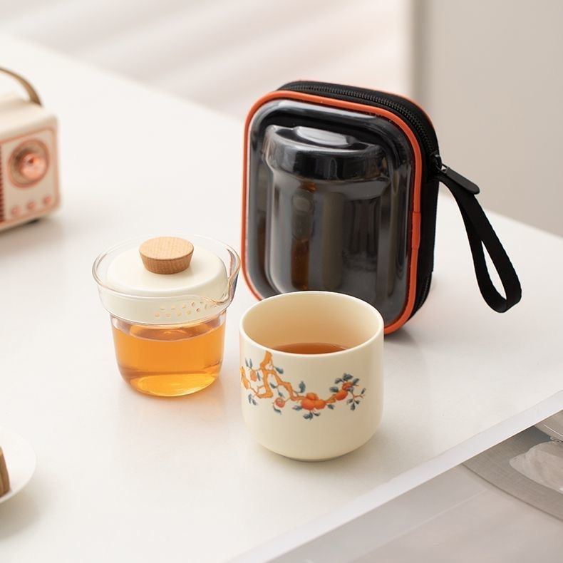 Bộ trà gốm ngoài trời Persimmon Ruyi Bộ trà du lịch sứ trắng di động Một nồi Một cốc có túi