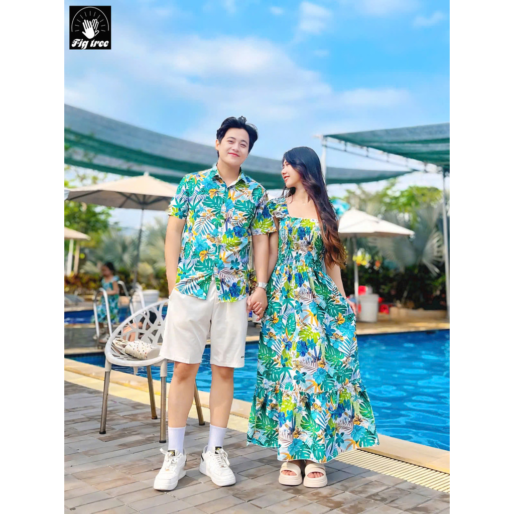 Đồ Đôi  Đi Biển Fig Tree Họa Tiết Hoa Lá Xanh Tươi Mát MS 191- Hàng Thiết Kế