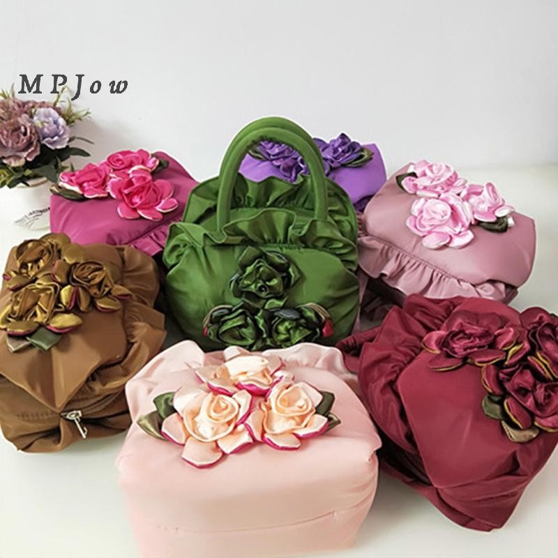 Mpjow Satin Lụa Hanfu Hoa Dây Kéo Túi Ruffle Lá Hoa Hồng Túi Xách Phong Cách Dân Tộc Ví Nhỏ Ví Tốt