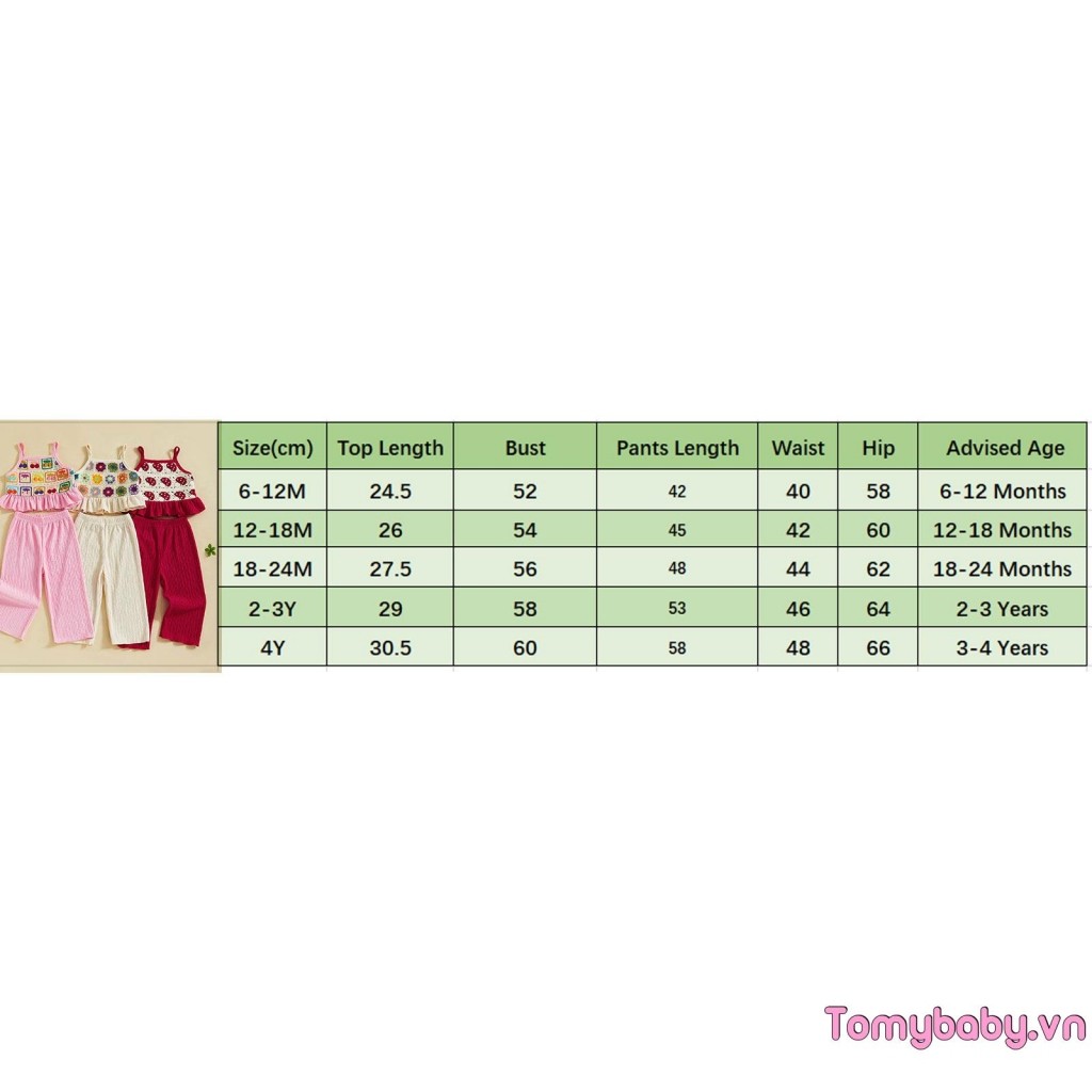Bộ trang phục 2 món cho bé gái mới biết đi Hoa móc / Bộ Áo hai dây xù trái cây + Bộ quần thun