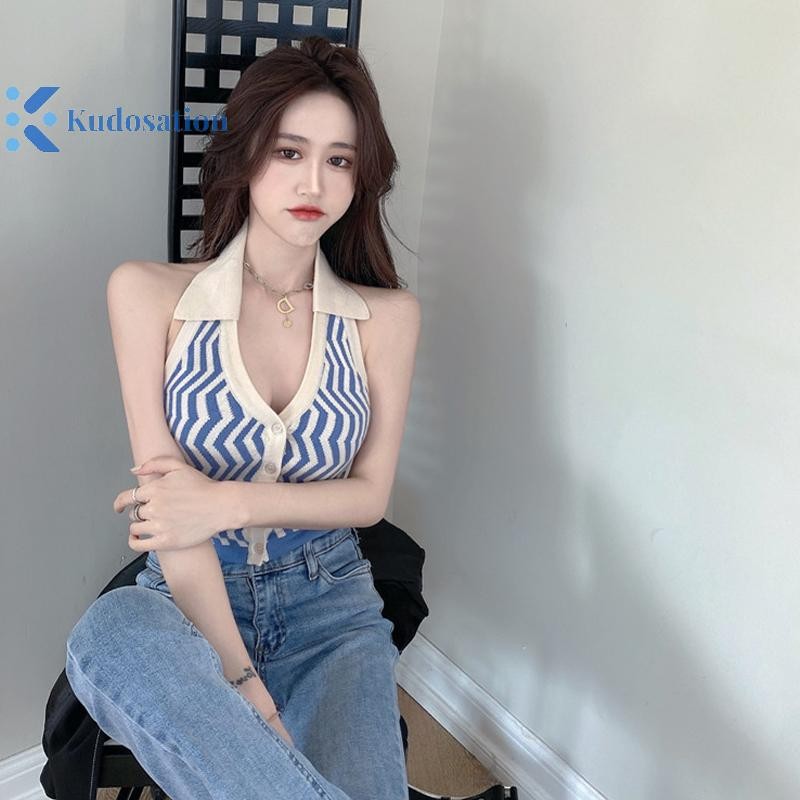 Kudosation Dệt Kim Crop Top Nữ Cổ Gắn Xe Tăng Áo Gợi Cảm Mùa Hè Sọc Midriff-baring Áo Lưng Không Tay Sang Trọng Y2k Top Đẹp