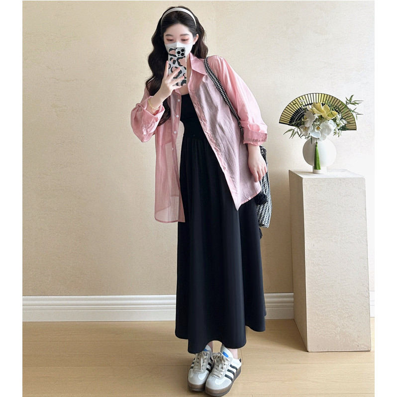 Bộ đồ bà bầu Mùa hè 2025 Áo sơ mi chống nắng phong cách mới + Váy Sling Bộ đồ hai mảnh