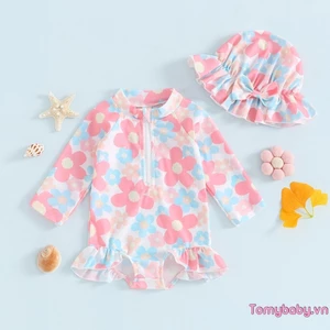 Bộ Đồ Bơi Bé Gái Zip Lên Cổ Tròn Tay Dài Rash Guard Đồ Bơi Hoa + Nơ Mũ Chống Nắng Tắm Bộ Trang Phục
