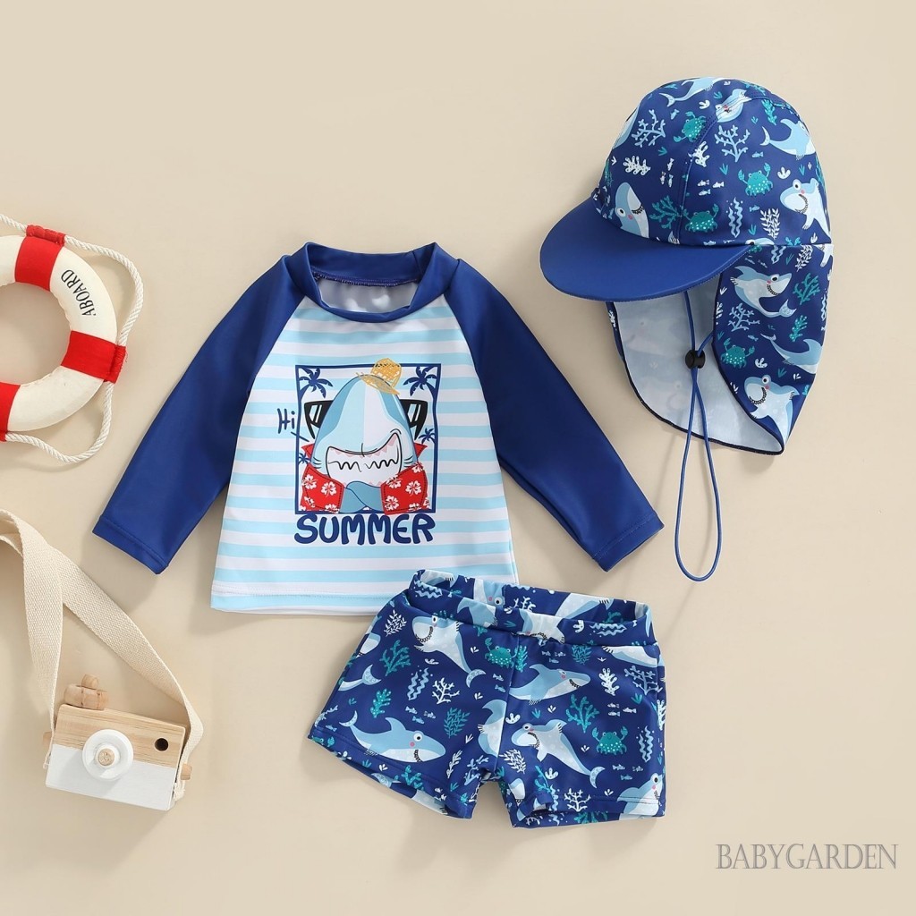 Baga-6tháng-4years Kid Boy 3 Bộ Đồ Bơi Hoạt Hình Sọc Cá Mập In Hình Mùa Hè Đi Biển Dài Tay Áo + Quần Short + Mũ Đi Biển