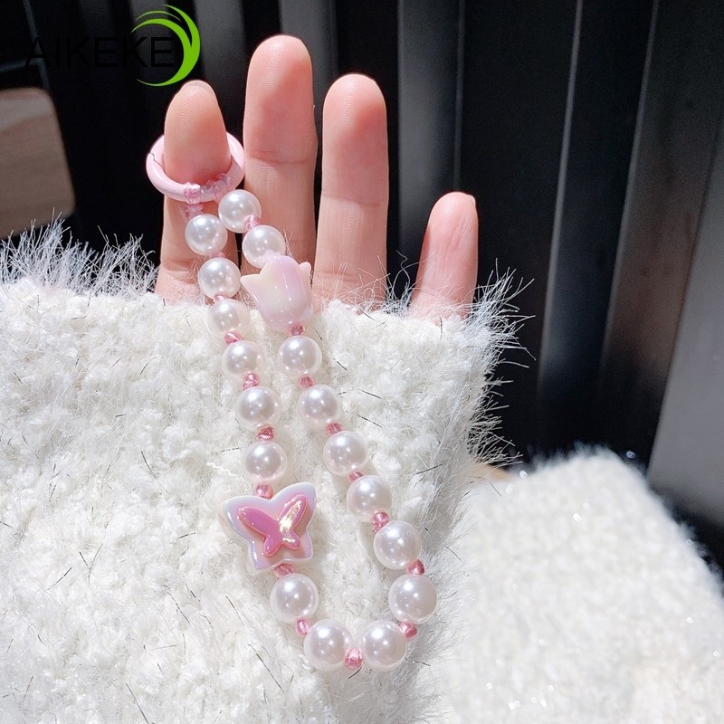 Hợp Thời Trang Phong Cách Hàn Quốc Lily Valley Bướm Bốn Lá Cỏ Ba Lá Hạt Dây Xích Điện Thoại Di Động Chống Mất Handmade Macaron Màu Kẹo Dây Mềm Dây Đeo Cổ Tay