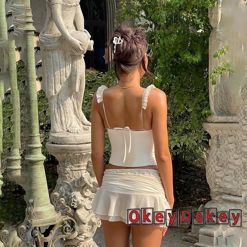 Okdk-nữ Crop Corset Camisole Thường Ngày Mùa Hè Màu Sắc Tương Phản Lưng Ruffle Spaghetti Dây Đeo Áo Bể