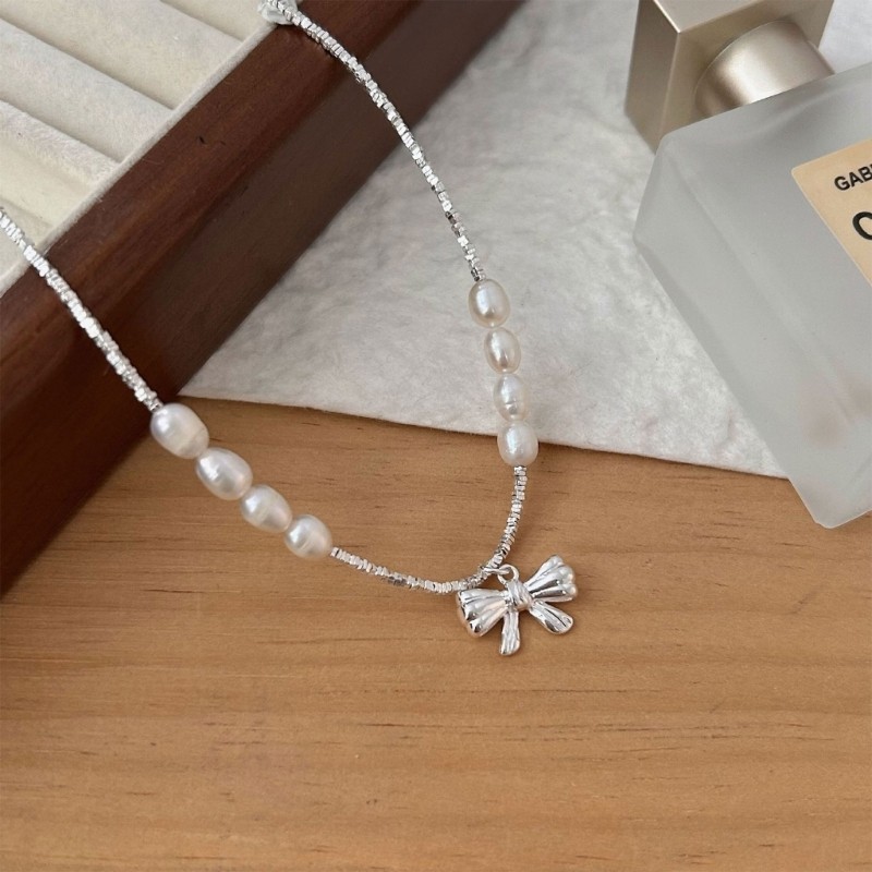 Vua Đơn Giản Nơ Mặt Dây Chuyền Vòng Cổ Xương Đòn Dây Xích Có Thể Điều Chỉnh Choker Ngọt Ngào Thoáng Mát Nơ Ngọc Trai Cổ Vòng Cổ Thời Trang Jewe