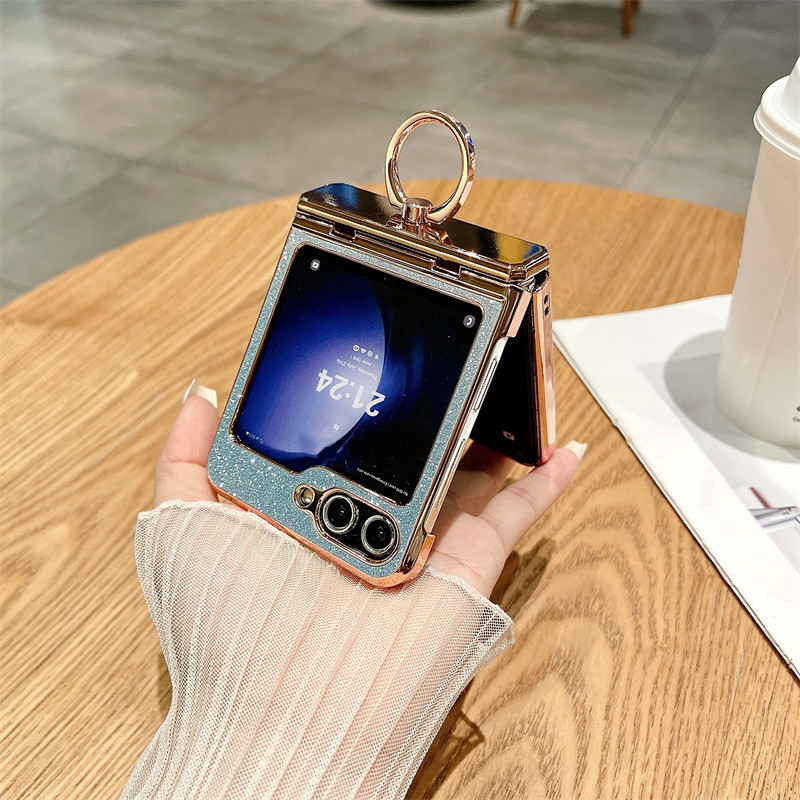 Sang Trọng Gấp Lấp Lánh Trơn Vỏ Samsung Galaxy Z Flip 6 Flip 5 Flip 4 Flip 3 5G Dành Cho Samsung Galaxy Z Flip 6 5 4 3 Bản Lề Vòng Giá Đỡ Vỏ Bảo Vệ