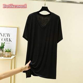 Áo thun nữ dáng rộng cổ chữ V Modal dáng rộng Áo thun ngắn tay trơn mùa hè Slim Plus Size Áo sơ mi trắng