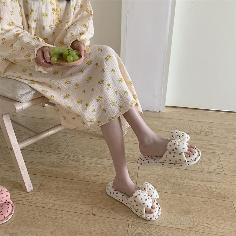 XIXITIAO Dép Nữ Thời Trang Bốn Mùa Vải Lanh Trong Nhà Nơ Dễ Thương