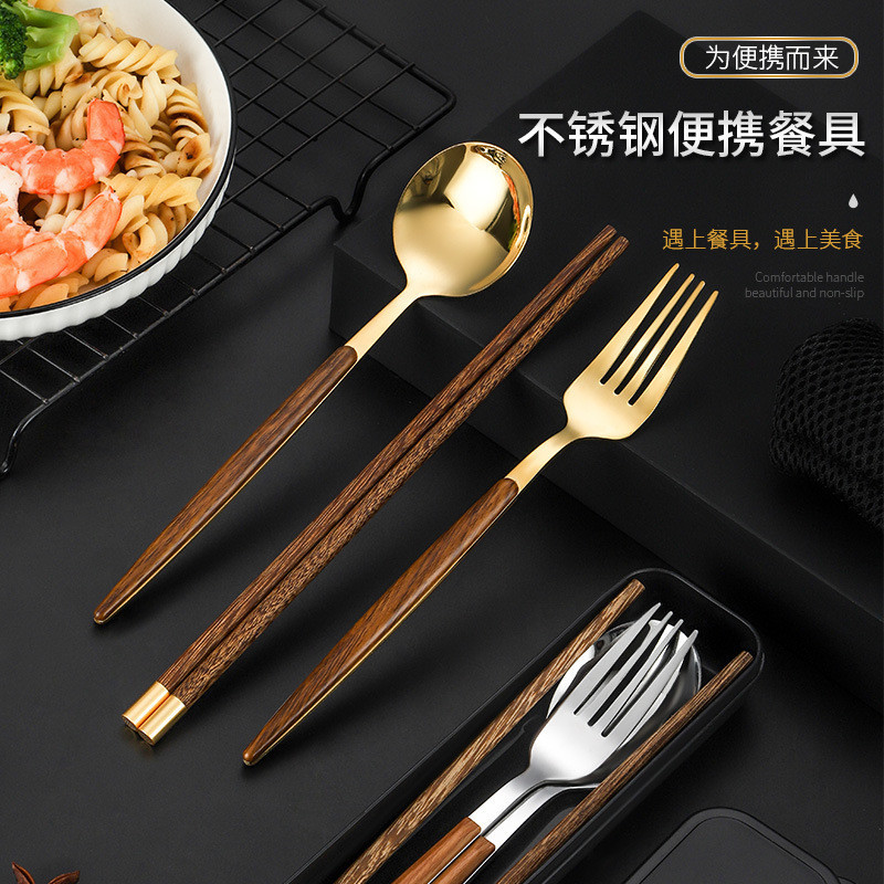 3 / 4 Chiếc Thép Không Gỉ Di Động Bộ Đồ Ăn Phù Hợp Với Giả Hạt Gỗ Spork Đũa Hộp Bảo Quản Bộ Muỗng Bồ Đào Nha Nĩa Đũa Inox Nĩa Thìa Đũa Phù Hợp Với