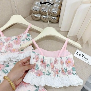 J15- Set áo hai dây hoa phối ren thêu phối với quần bo chun cho bé gái [kèm khăn) Size từ 7-26Kg