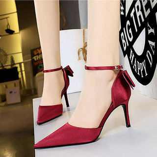 (FORM RỘNG LÙI 1 SIZE) Giày Cao Gót 7P Bít Mũi Nơ Hậu Quai Cài Gót Nhọn Da Lụa Mềm - CG579
