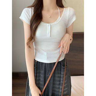 Áo Thun babytee Form ôm Cúc Cài Cổ Tròn tay ngắn nữ