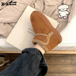 Xixitiao Phiên Bản Hàn Quốc Thời Trang Sáng Tạo Velcro Giày Bốt Tuyết Cha Mẹ-Con Mùa Đông Mặc Ngoài Retro Cừu Len Plus Lông Cừu Ống Ngắn Giày Cotton Nữ