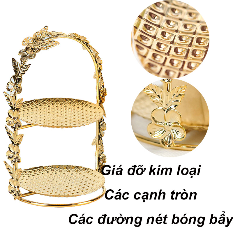 Khay bánh kem 2 tầng，Khay bánh kẹo, Khay chuyên dụng cho hoạt động, viền vàng kim cao cấp để hoa quả