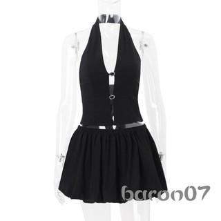 Bộ trang phục 2 món dành cho nữ mùa hè màu trơn không dây lưng và bộ váy bong bóng Mini cho quần áo dạo phố Quần áo thẩm mỹ