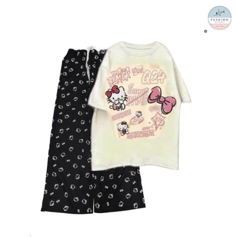 Sét bộ quần ống rộng hình Đầu Mèo + Mix Áo Phông mèo cute be form rộng tay lỡ-QUẦN ÁO 94