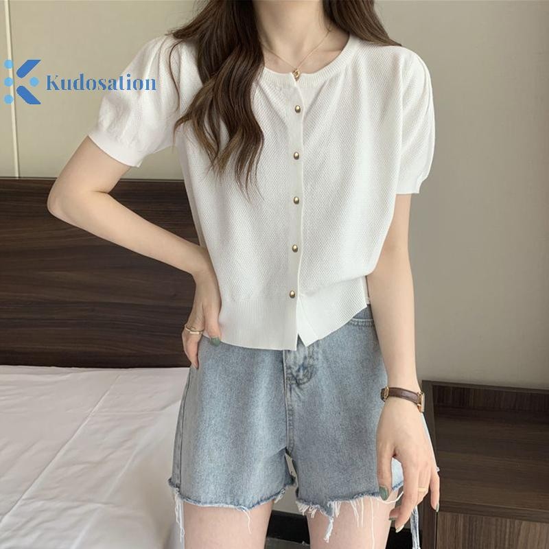 Kudosation Thời Trang Cổ Tròn Nút Dệt Kim Tay Ngắn Cardigan Áo Thun Nữ Đẹp
