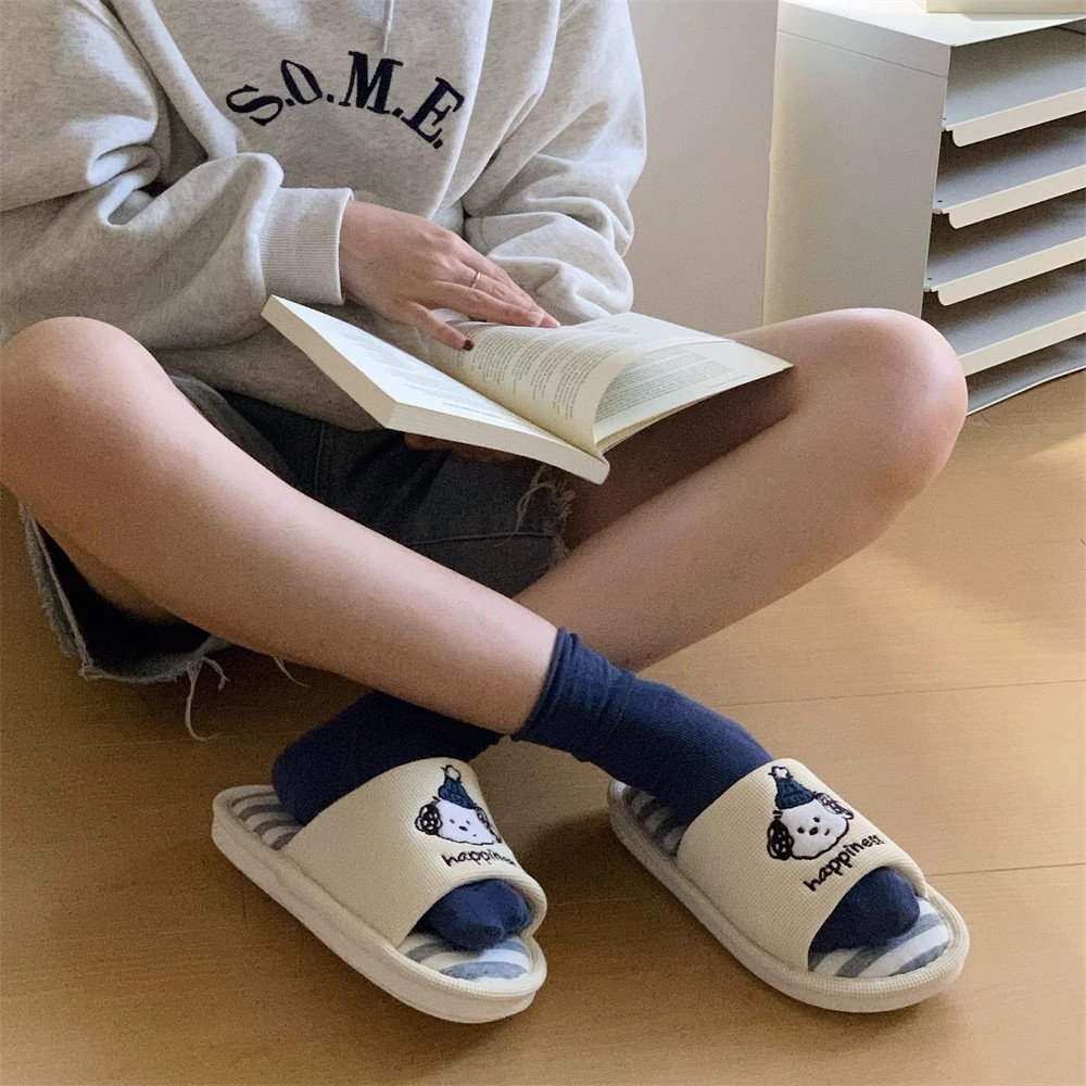 Xixitiao Dép Chó Con Dễ Thương Vải Lanh Cotton Nam Nữ Sọc Nhà Hút Mồ Hôi Giày Xuân Hè