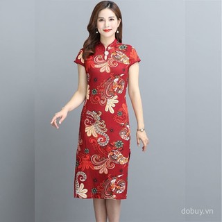 Đầm ngắn tay cheongsam cải tiến mùa hè cho phụ nữ, phong cách Trung Quốc mới, retro, ôm sát, in họa tiết, đầm midi