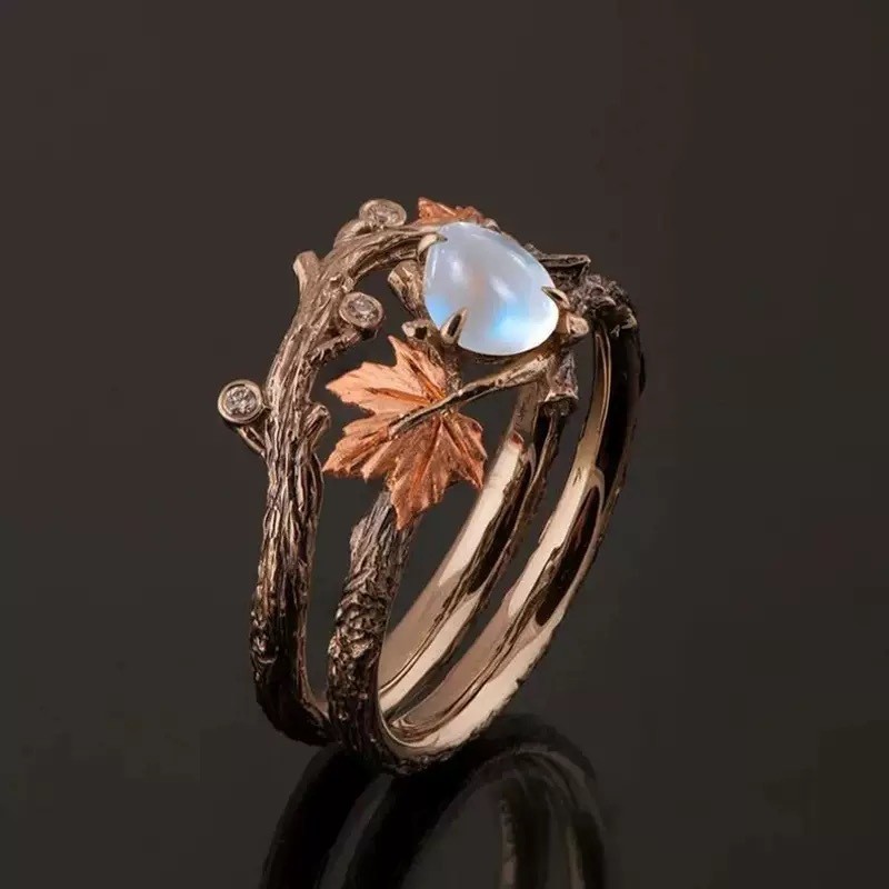 Nhẫn nữ thời trang mới sang trọng nhẹ nhàng retro vàng lá phong opal