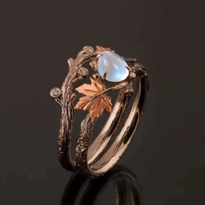 Nhẫn nữ thời trang mới sang trọng nhẹ nhàng retro vàng lá phong opal