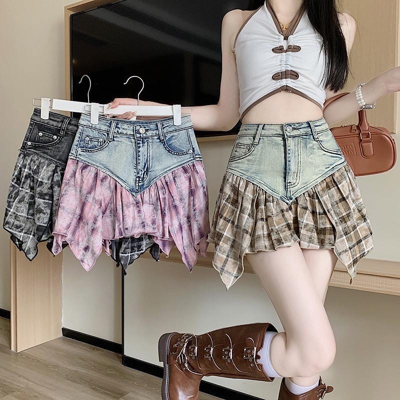 Váy Nữ Kẻ Sọc Màu Hồng Khâu Denim chữ a Eo Cao Chống chói Váy Không Đều