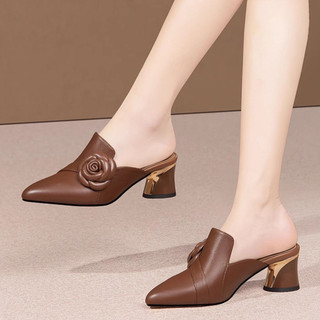 Giày sục cao gót đế vuông đính bông hoa thời trang hot trend KATI chất da cực sang chảnh - CG791